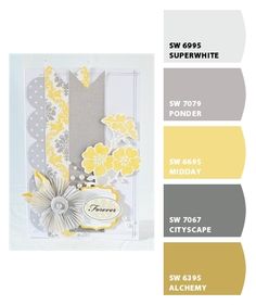 the color scheme is yellow and gray with white accents, flowers, and polka dots