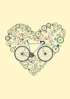 a heart shaped bicycle with many bicycles on it