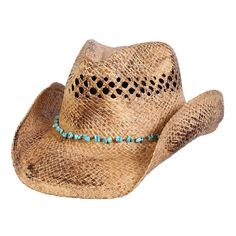 The Durango Turquoise stone western raffias hat features a shapeable brim and vented crown to keep you cool. Fitted with a comfortable inner terry band for a perfect fit. #womenshats #womenhats #hats #hatsforwomen #durango #turquoise #westernhats Western Straw Hat For Ranch In Natural Color, Western Style Natural Straw Hat For Ranch, Western Style Natural Straw Hat For Kentucky Derby, Western Blue Straw Hat For Summer, Western Style Blue Straw Hat For Summer, Blue Western Hat For Vacation, Blue Western Straw Hat For Summer, Western Style Hat For Western-themed Events, Country Style Natural Sun Hat For Western-themed Events