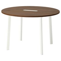 a round table with two white legs and a wooden top, viewed from the front