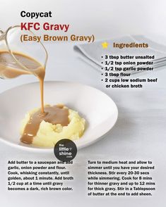 the recipe for caramel sauce being poured over mashed potatoes on a white plate