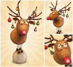 three different pictures of a reindeer with ornaments on it's antlers and nose