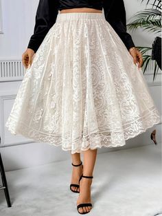 Plus Size Elegant Jacquard Lace Skirt For Summer Maxi Women Outfit Apricot Casual   Lace Plain A Line Slight Stretch  Women Plus Clothing, size features are:Bust: ,Length: ,Sleeve Length: White Lace Skirt Outfit, Womens Plaid Dress, White Lace Skirt, Plus Size Elegant, Wedding Skirt, Lace Pencil Skirt, Aline Skirt, Summer Maxi, Plus Size Skirts