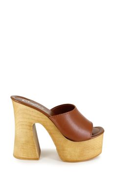 A woodgrain platform and soaring block heel lend scene-stealing height and retro-cool appeal to a slide sandal that will elevate your trendsetting looks. 4" heel; 2" platform Leather upper and lining/synthetic sole Made in Spain Spring Clogs With 4-inch Wedge Heel, Retro Mules With Wooden Heel For Spring, Summer Retro Platform Clogs, Retro Summer Platform Clogs, Retro Brown Platform Sandals, Modern Brown Platform Wedge Sandals, Brown High Heel Clogs With Sculpted Heel, Trendy Wedge Heels With Wooden Heel, Trendy Wooden Wedge Heels