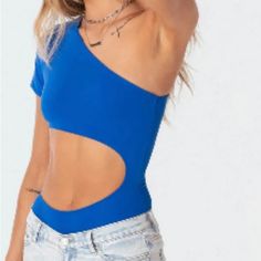 Flaunt Yourself In The Ultra Flattering Bodysuit! Snap Closure At Crotch One Shoulder Style Cut Out Mid Section Bodycon Fit Stretchy One Shoulder Fitted Cutout Bodysuit, Fitted One-shoulder Cutout Bodysuit, Blue Fitted One-shoulder Top, Blue One Shoulder Top For Night Out, Trendy Blue Bodysuit For Night Out, Casual Blue Bodysuit For Night Out, High Rise Bodysuit, Asymmetric Bodysuit, Heart Bodysuit