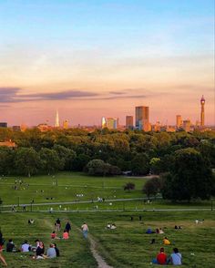 many people are sitting on the grass in a park with tall buildings and green trees