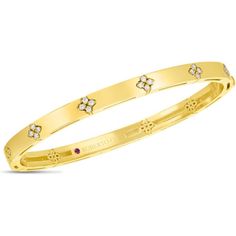 Roberto Coin - Love in Verona Narrow Width Flower Bangle in 18K Yellow Gold with Diamond Accents Roberto Coin Jewelry, Modern Bangle, 18k Gold Bangle, White Gold Bangle, Diamond Bangle Bracelet, Modern Bracelets, Yellow Gold Bangle, Enamel Bangle, Diamond Bangles Bracelet