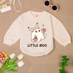 Little Boo Baby Romper Sweatshirt, Cute Ghost Halloween Romper, Spooky Baby Bubble Romper, Halloween Baby Girl Clothes - Handmade - Ships from USA - Materials: 100% CPSIA Compliant and Ethically Made material Light fabric (5.0 oz/yd² (170 g/m Crafted with soft, breathable fabric, this romper ensures your baby stays comfortable through playtimes and nap times alike. Featuring charming designs suitable for all babies, our romper is as adorable as it is practical. Quick Sizing Tip Our rompers are a Long Sleeve Pink Onesie With Cartoon Print, Pink Long Sleeve Onesie With Cartoon Print, Halloween Long Sleeve Onesie For Playtime, Cute Long Sleeve Onesie, Fall Long Sleeve Onesie With Letter Print, Fall Long Sleeve Letter Print Onesie, Long Sleeve Cotton Onesie For Halloween, Pink Long Sleeve Onesie For Fall, Cute Long Sleeve Onesie With Letter Print