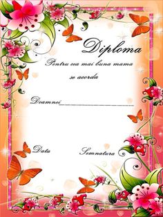 a pink floral frame with butterflies and flowers on the border, in front of an orange background