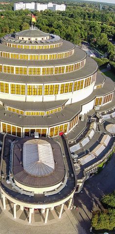 an aerial view of a building with many windows