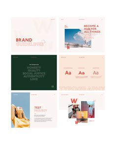 four different types of brochures with the words brand guidelines in red, white and green