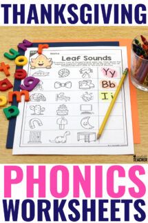 the thanksgiving phonics worksheet is shown with pencils and crayons