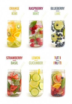 there are many different types of fruit in mason jars with labels on the front and bottom