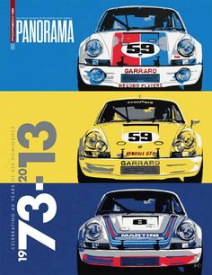 three different colored porsches are shown in this graphic art print, each with the number one