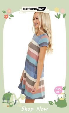 Multicolor Striped Pocket T Shirt Dress Casual Multicolor Short Sleeve Dress, Casual Striped Color Block Dress, Casual Short Sleeve Color Block Dress, Casual Cotton Color Block Dresses, Color Pick, Pocket Tshirt, Life Size, Stripe Print, Daily Outfits