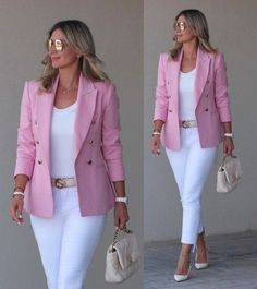 White Pants Women, To Start A Conversation, Pink Blazer, Casual Chic Outfit