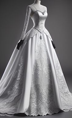 a white wedding dress with long sleeves and lace on the skirt, in front of a gray background