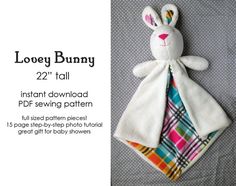 an image of a stuffed animal with a blanket on it's back and the text lolly bunny 22 tall instant sewing pattern