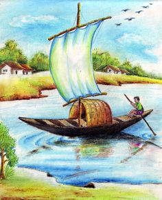 a drawing of a man in a boat on the water