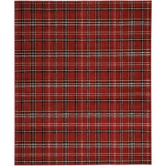 a red plaid rug with black and white checks on it's edges, in the shape of a rectangle