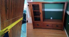 two pictures side by side one has a cabinet and the other has a measuring tape