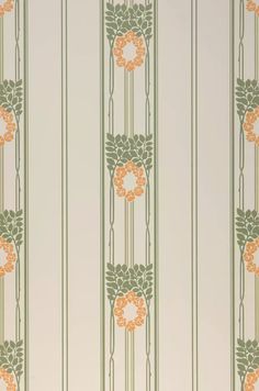 an orange and green striped wallpaper with flowers