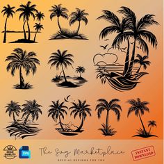 the silhouettes of palm trees and beach scenes