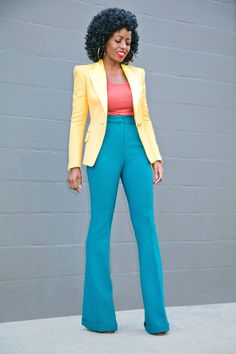 Structured Blazer + Tank + High Waist Flare Pants Trio Outfits, High Waist Flare Pants, Structured Blazer, Color Combinations For Clothes, Asoebi Styles, Work Style, Pants Style, Professional Outfits