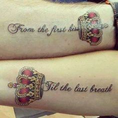 two people with tattoos on their arms that say, from the first kiss to the last breath