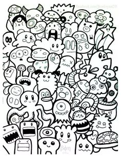 a large group of cartoon characters with faces and eyes, all in black and white