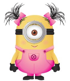 a cartoon minion in pink overalls and black hair with a camera on her head