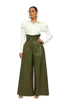 Elevate your street style with our High Waist Faux Leather Wide Leg Pants. Designed for the fashion-forward woman, these pants feature a high waist with an adjustable sash, offering both style and comfort. The zipper side closure ensures a sleek fit, while the wide leg design provides a modern, loose silhouette. Crafted from high-quality faux leather, these pants are perfect for autumn and winter, adding a touch of edgy sophistication to any outfit.Perfect for versatile styling, these PU trouser Dress Pants Women, Style Wide Leg Pants, Set The Mood, Chic Blouses, Loose Pants, The Mood, High Waisted Pants, Fashion Pants, Leg Pants