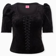 Betsey Johnson Black Velvet Puff Sleeve Corset Top Description Your Velvet Dreams Come True In This Statement Top Featuring A Lace-Front Design And Puff Sleeves. A Bold, Limited-Edition Collection That Recreates Vintage Betsey Johnson Designs In Our Unparalleled Torrid Fit. Velvet Knit Fabric Lace-Up Front Scoop Neck Short Puff Sleeves Content + Care Polyester/Spandex Wash Cold, Line Dry Imported Plus Size Tops Size + Fit - See Torrid Size Guide Puff Sleeve Corset Top, Velvet Puff Sleeve, Velvet Knit, Goth Princess, Velvet Corset, All Black Fashion, Vintage Betsey Johnson, Fitted Wedding Dress, Sequin Tank Tops