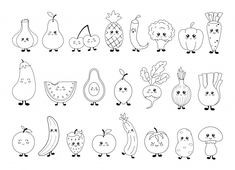 an illustrated set of fruits and vegetables with faces drawn in black ink on a white background