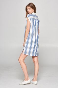 Such an easy throw on and go stripe woven shirt dress with pockets. So cute with your favorite sandals or sneakers. Easy to wear to dress that helps you look cute while staying cool. Side pockets Stripe woven shirt dress Button down closure Short sleeve Imported 100% Cotton Model is wearing size small, is 5'9" Runs true to size but if in between, recommend to size up Chic Striped Shirt Dress For Vacation, Casual Knee-length Shirt Dress For Vacation, Casual Knee-length Shirt Dress For Summer, Casual Collared Summer Dress, Casual Button-up Shirt Dress For Beach, Casual Short Sleeve Dresses With Striped Collar, Casual Collared Dresses For Vacation, Striped Collared Dresses For Vacation, Striped Collared Vacation Dress