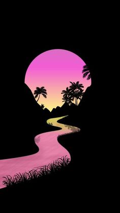 the sun is setting over a river with palm trees