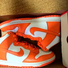 Nike Dunk High Syracuse Orange And White Sneakers Orange High-top Sneakers With Gum Sole For Streetwear, Sporty Orange High-top Sneakers With Gum Sole, Orange High-top Sports Sneakers With Gum Sole, Orange High-top Sneakers With Gum Sole For Sports, Orange High-top Skate Shoes For Streetwear, Orange Mid-top Sneakers With Gum Sole, Orange High-top Sneakers For Streetwear, Sporty Orange High-top Skate Shoes, Sporty High-top Orange Skate Shoes