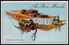 an old postcard features a biplane with two men in it