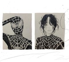 two drawings of a woman wearing a spider man costume