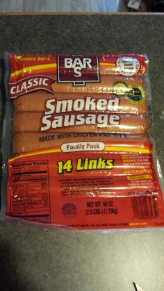 a bag of smoked sausage sitting on top of a counter