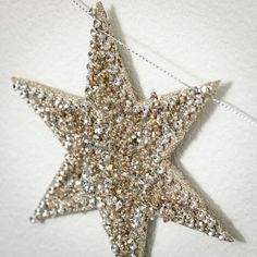 a silver and gold glittered star ornament hanging from a string on a white wall