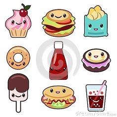 some cute food and drink icons on a white background, including donuts, ice cream, milkshake, doughnuts