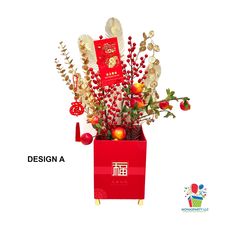 a red box filled with lots of different types of flowers and decorations on top of a white background