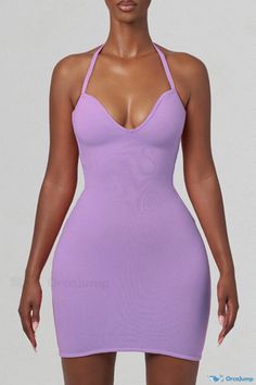 OrcaJump - Chic Solid Backless Dress with Spaghetti Straps and Wrapped Skirt Purple Stretch Spaghetti Strap Dresses, Stretch Purple Dresses With Spaghetti Straps, Purple Stretch Dress With Spaghetti Straps, Seamless Cami Dress, Spring Seamless Backless Dress, Seamless Cami Dress For Spring, Spring Seamless Cami Dress, Spaghetti Strap, Backless Dress