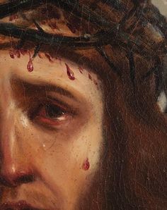 a close up of a painting of jesus with blood dripping from his eyes and head