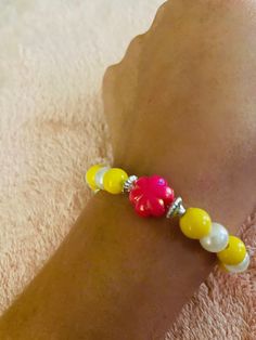 Pink and yellow bracelet Casual Yellow Beaded Bracelets For Summer, Yellow Stretch Bracelet As A Gift, Yellow Bracelets With Colorful Beads For Summer, Yellow Beaded Stretch Bracelet For Friendship, Cute Yellow Beaded Bracelets For Summer, Trendy Yellow Beaded Bracelet For Summer, Trendy Yellow Beaded Bracelets For Summer, Yellow Casual Bracelet Jewelry, Yellow Beaded Stretch Bracelet For Summer