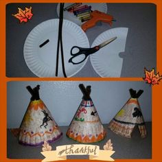 three paper plates with different designs on them and scissors in the middle one is decorated like a teepee