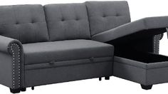 a gray couch with a storage compartment underneath it