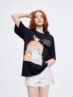 Details: Short sleeve cotton in black Crew neck 'Princess 'print with scattered sequins on front Materials & Care: 100% Cotton Hand wash | Dry clean Do not bleach Size & Fit: Model is 5'7", Bust 32, Waist 24, Hips 35, wearing a size S Item #: HL2TE19 Black Cartoon Print Tops For Spring, Oversized Summer Tops With Character Print, Spring Cotton Tops With Character Print, Black Tops With Cartoon Print In Relaxed Fit, Black Top With Cartoon Print And Relaxed Fit, Oversized Spring Tops With Cartoon Print, Oversized Cotton Tops With Character Print, Relaxed Fit Black Top With Cartoon Print, Black Relaxed Fit Top With Cartoon Print