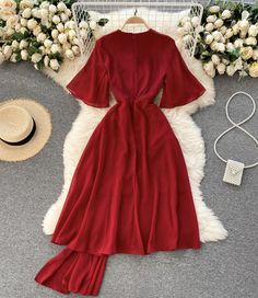 A line v neck chiffon dress fashion dress Fabric: chiffon Color: red, green, black Size(cm): S, M S length 107 bust 86 waist 70 sleeve length 29 M length 108 bust 90 waist 74 sleeve length 30 Elegant Red Solid Color Maxi Dress, Elegant A-line V-neck Dress, Chic Solid Color Chiffon Dress, Elegant Solid Color Chiffon Midi Dress, Elegant Red Solid Maxi Dress, Elegant Chiffon Midi Dress In Solid Color, Elegant Red Maxi Dress Solid Color, Elegant Chiffon Maxi Dress In Solid Color, Red Chiffon Dress For Formal Summer Events